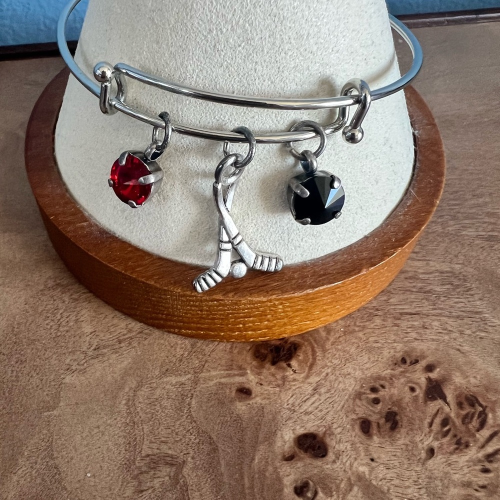 Silver Hockey Charm Bracelet with Red and Black Accents
